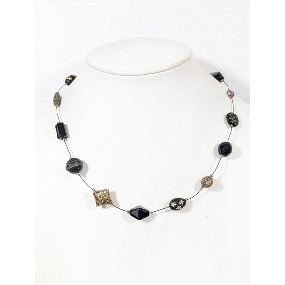 VTG Lonnie Lovness Black Gold Tone Star Bead Wire Station Necklace 20" - Picture 1 of 8